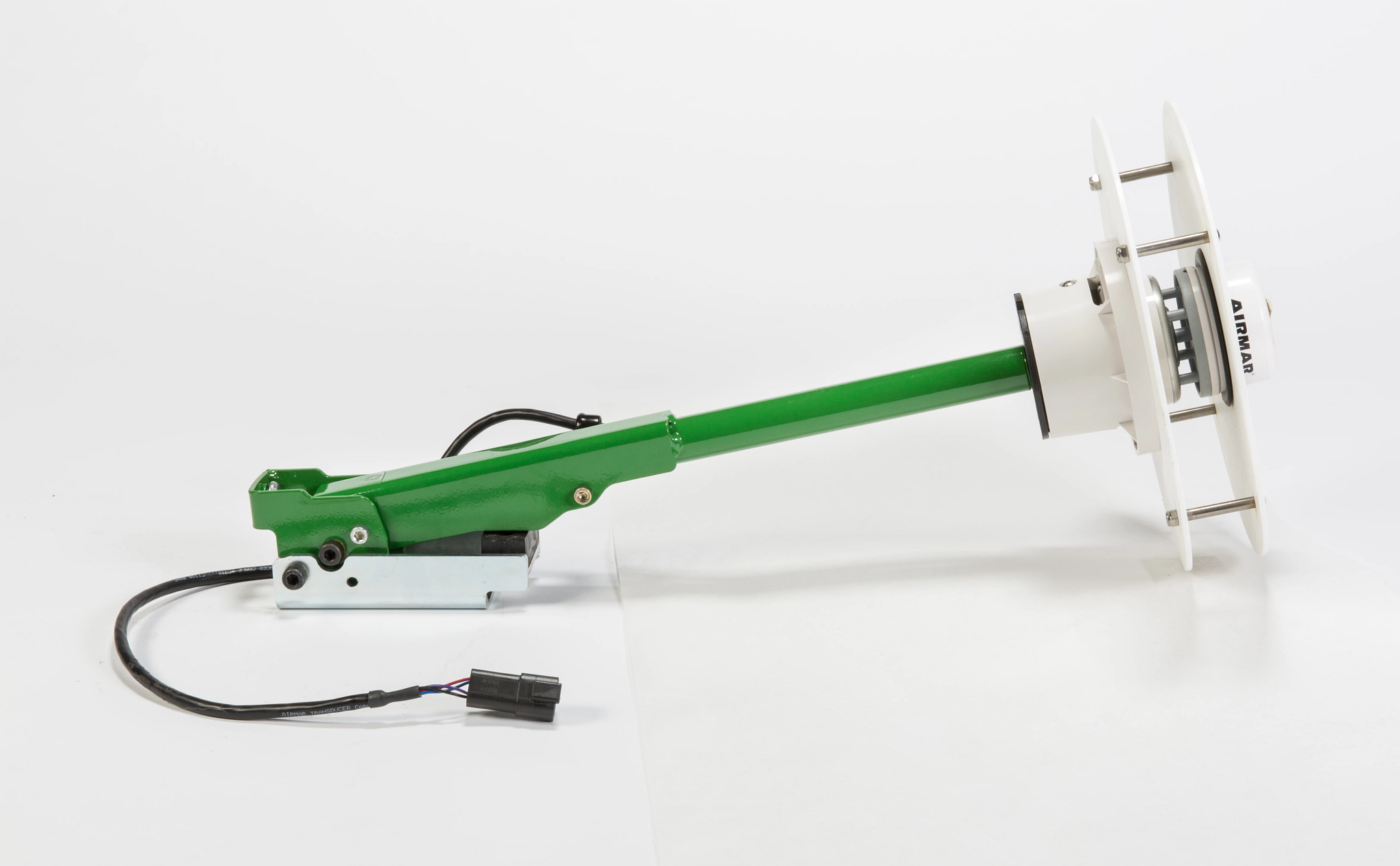 Side view of a Mobile Weather sensor arm with wiring, mounted base, and a white circular disc-shaped component on the end