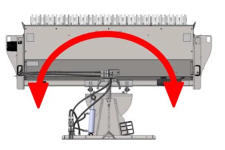 Computer-generated graphic of the top of a BA-series angle broom with curved red arrows demonstrating hydraulic-angling range