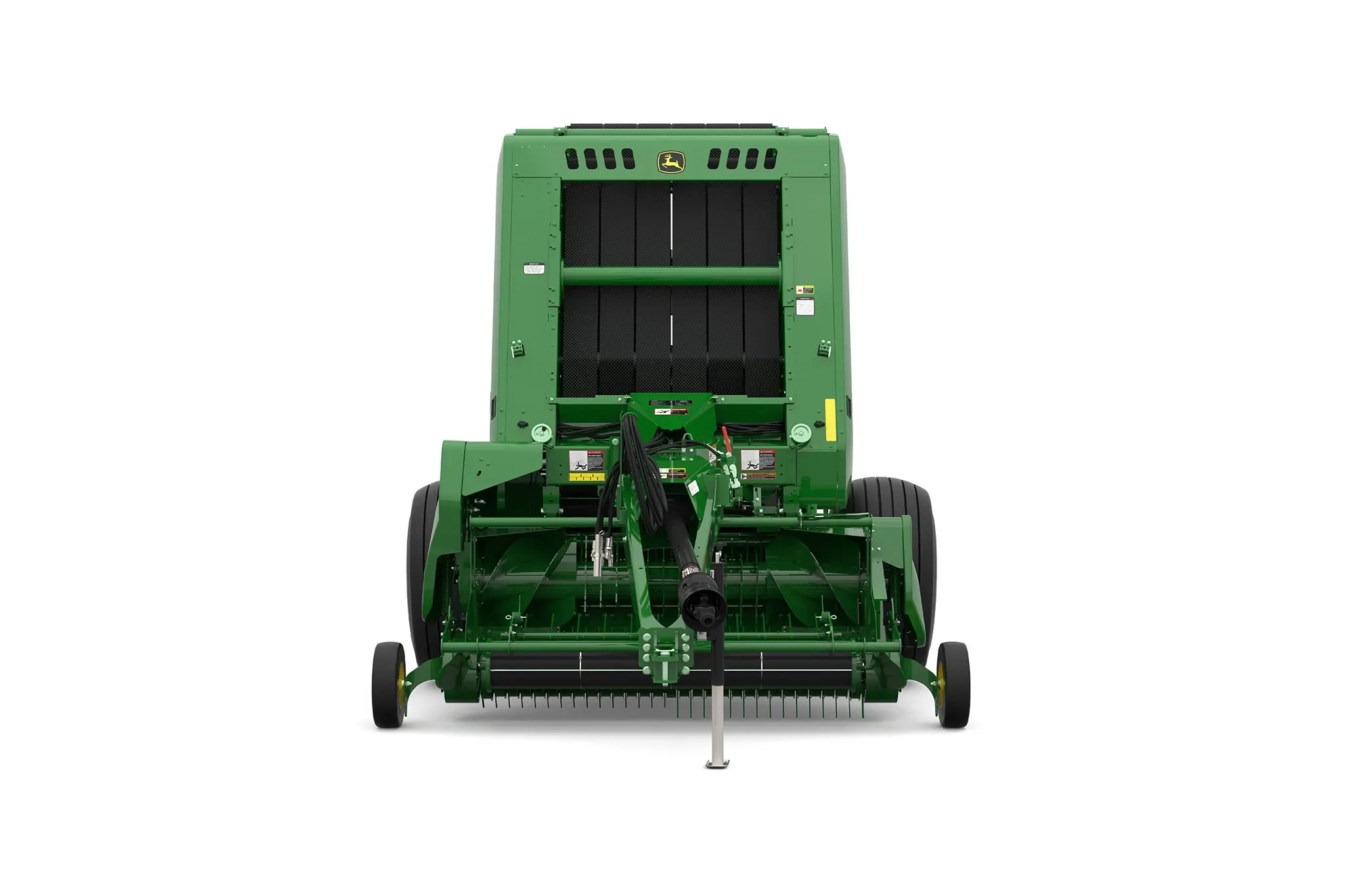Studio rendering of 461R round baler shown from the front on a white background, featuring a green body, yellow wheels, wide pickup assembly, bale chamber opening, PTO driveline, and front tow hitch