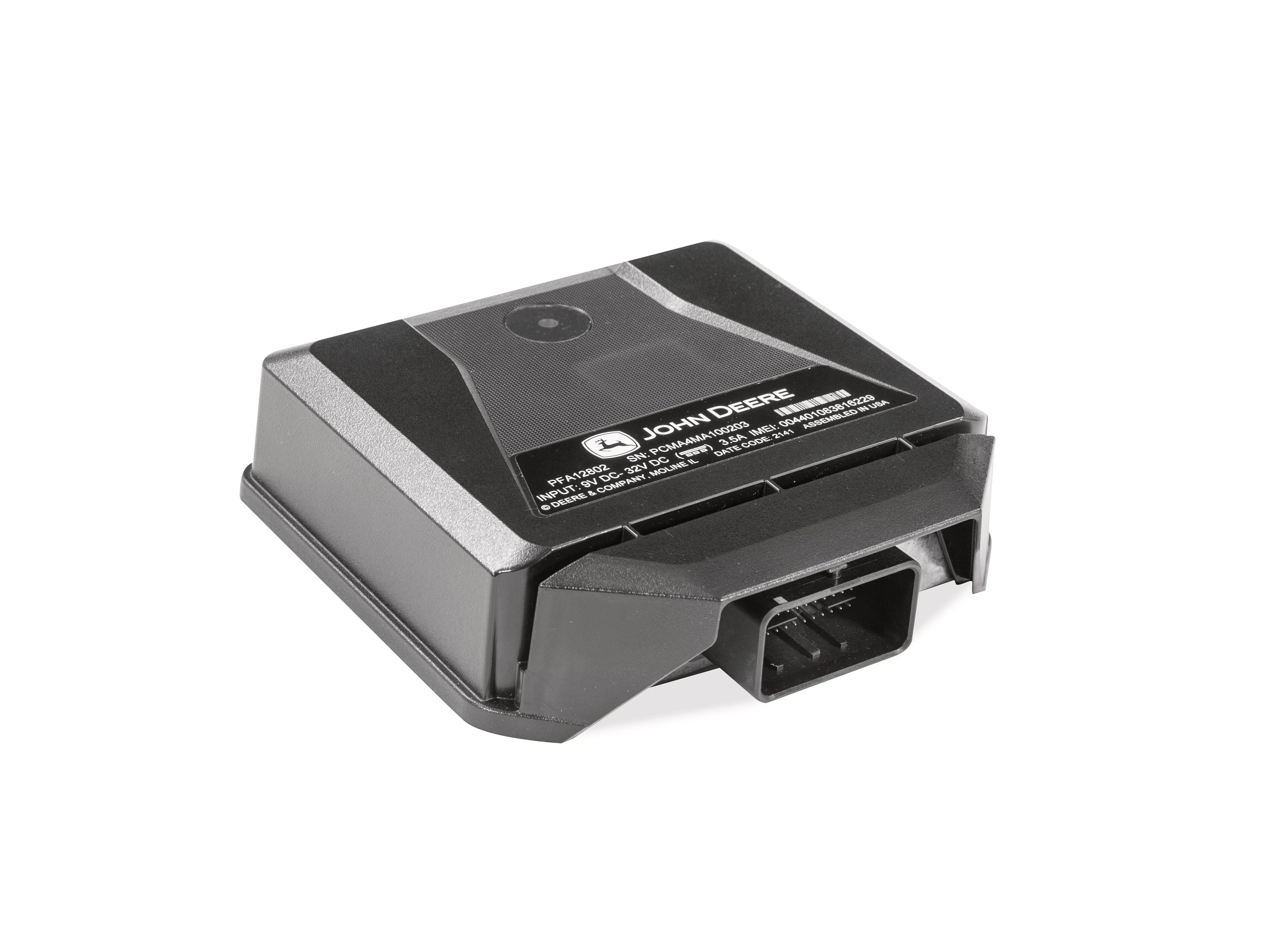 John Deere electronic control module with black and gray housing and a multi‑pin connector port, shown isolated on a white background with John Deere branding visible on the top label.