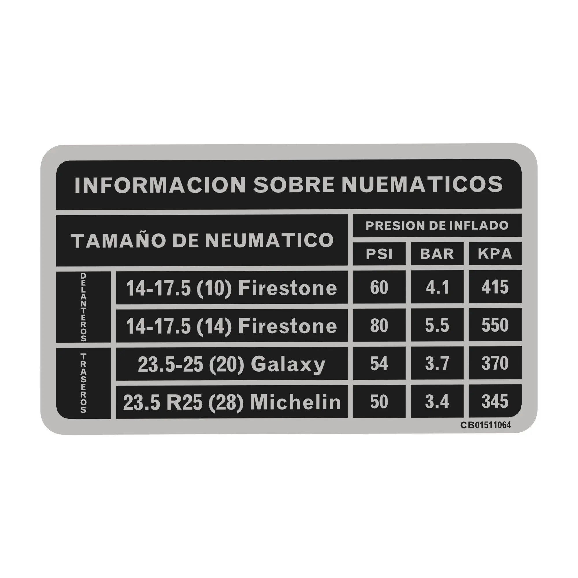 John Deere Tire Data Decal, Spanish - CB01511064