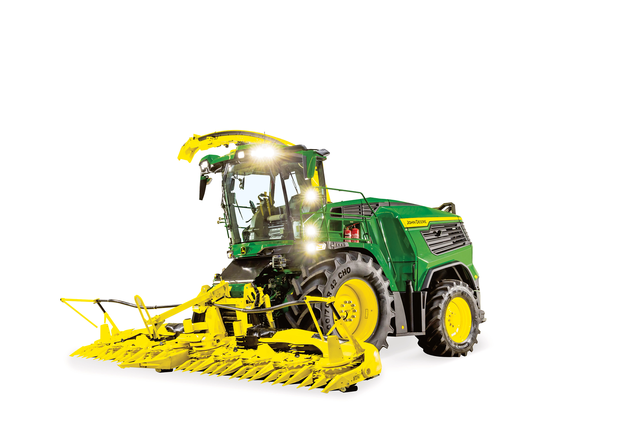 Front left studio image of an F9 500 Self-Propelled Forage Harvester with 375 Rotary Header