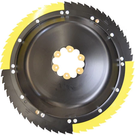 Computer-generated graphic of a circular black and yellow saw blade with changeable segments