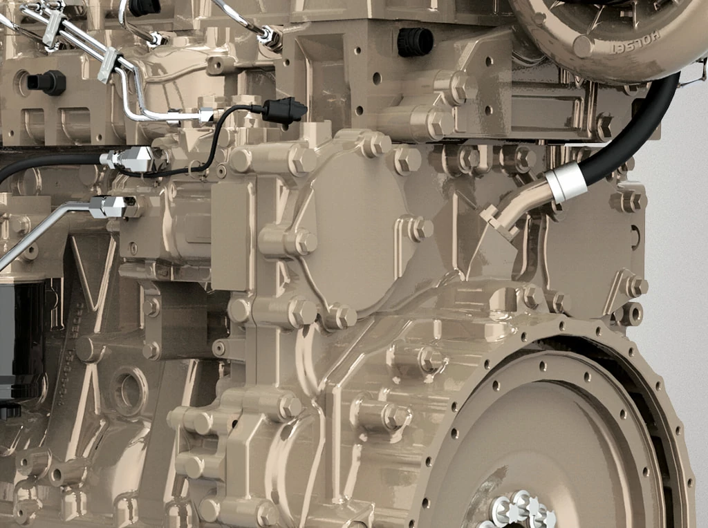 Closeup of auxiliary drives on JD18 engine