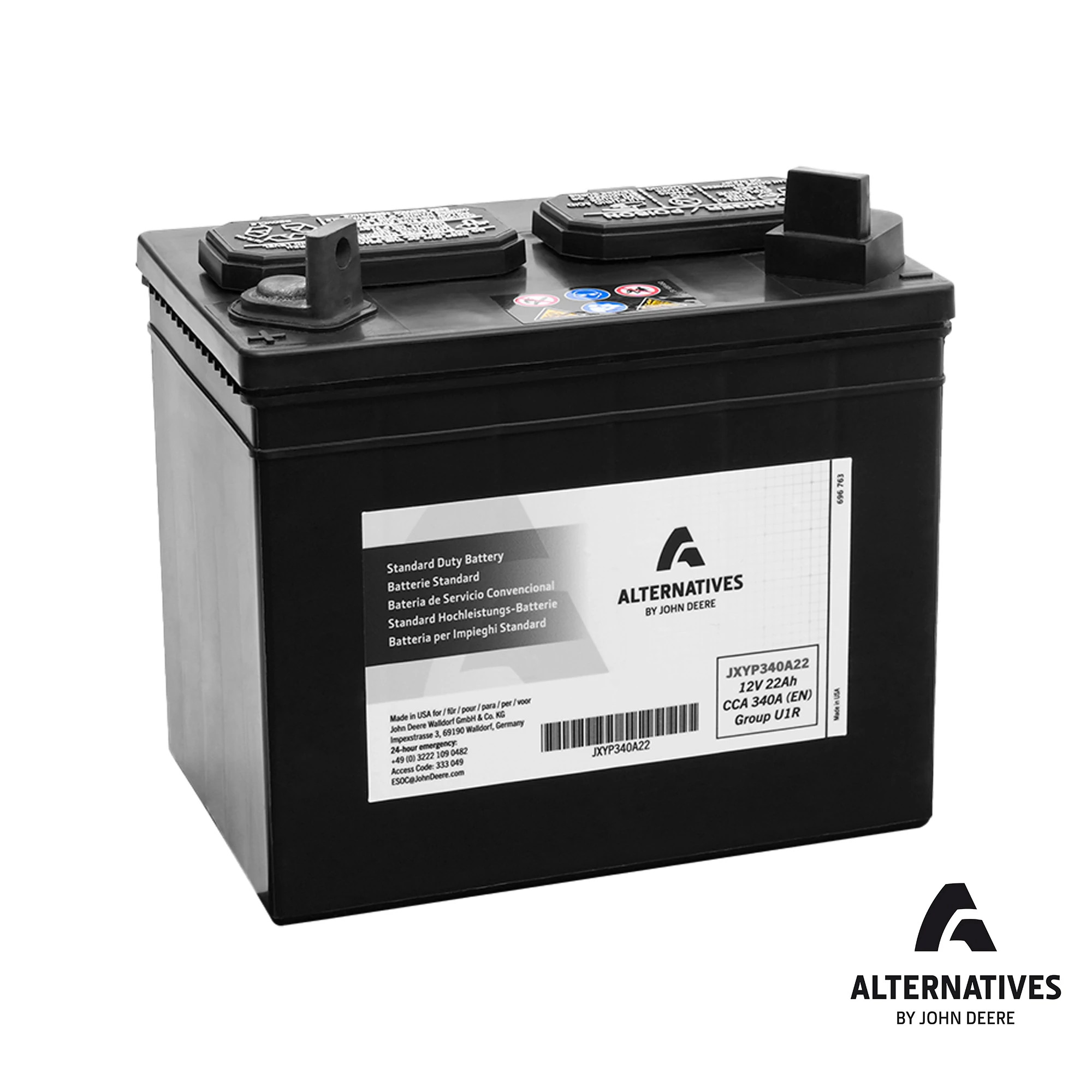 Alternatives by John Deere 12 Volt Battery, Wet Charged, 22 Ah, 340 CCA, U1R BCI - JXYP340A22