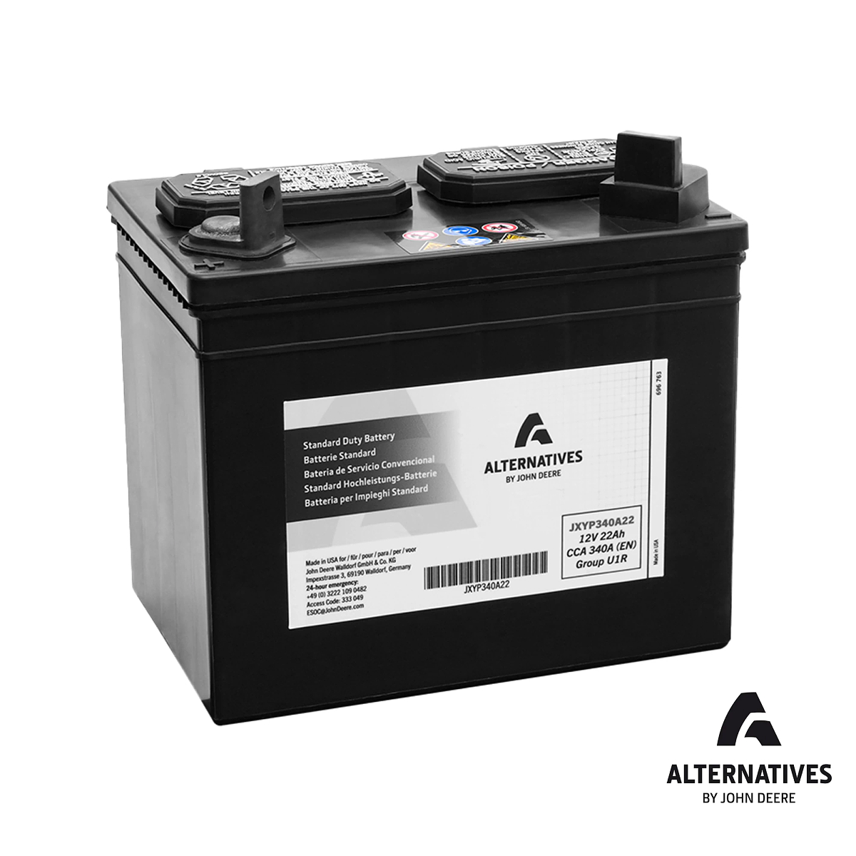 Alternatives by John Deere 12 Volt Battery, Wet Charged, 22 Ah, 340 CCA, U1R BCI - JXYP340A22