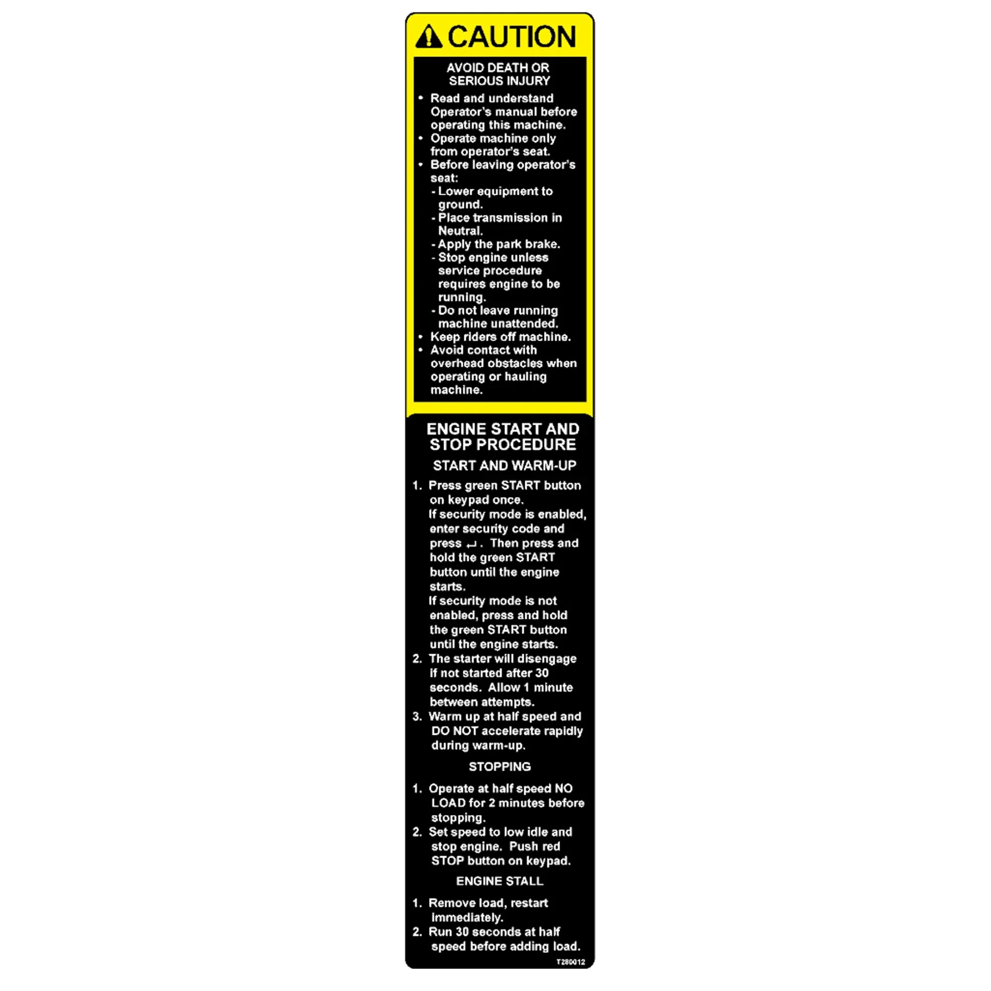 John Deere Safety Sign, Engine Start/Stop Caution - T280012