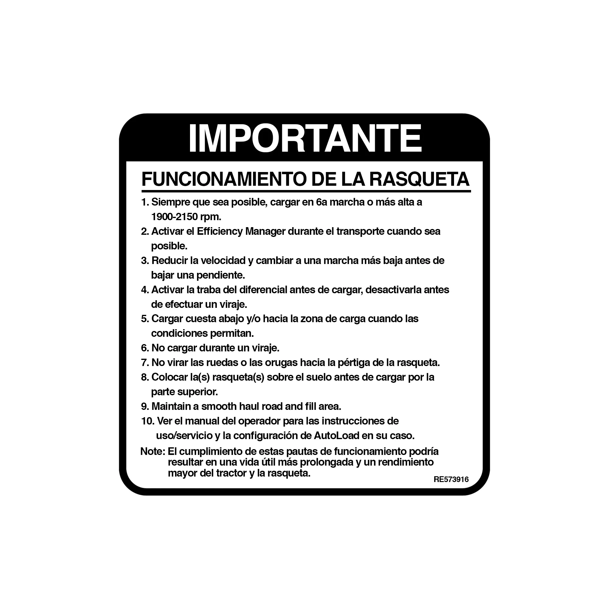John Deere Scraper Operation Spanish, Label - RE573916