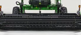 Front studio view of a heavy-duty, multi-bat auger platform reel mounted on a windrower