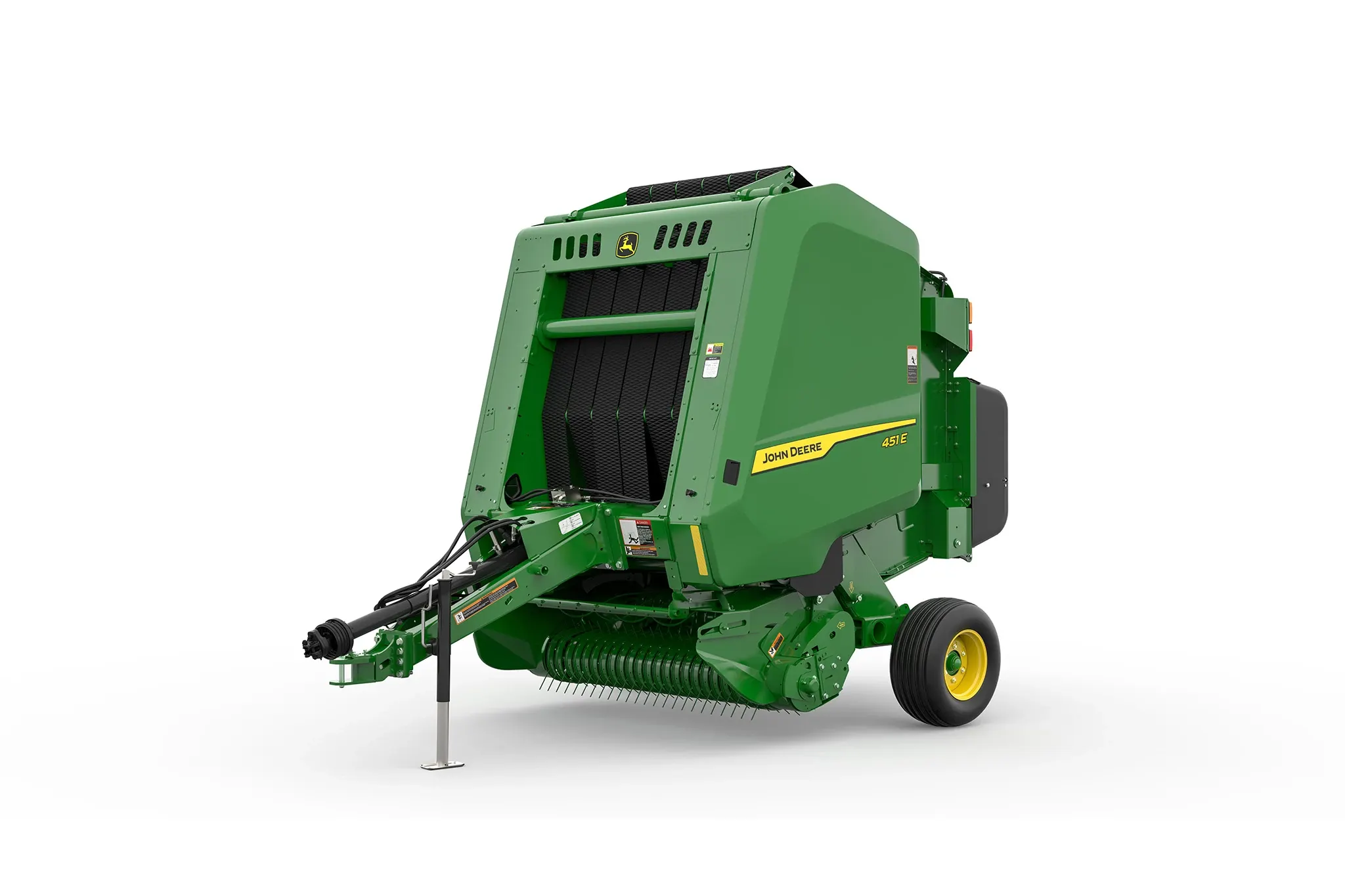 Front-left close-up studio rendering of John Deere 451E Round Baler