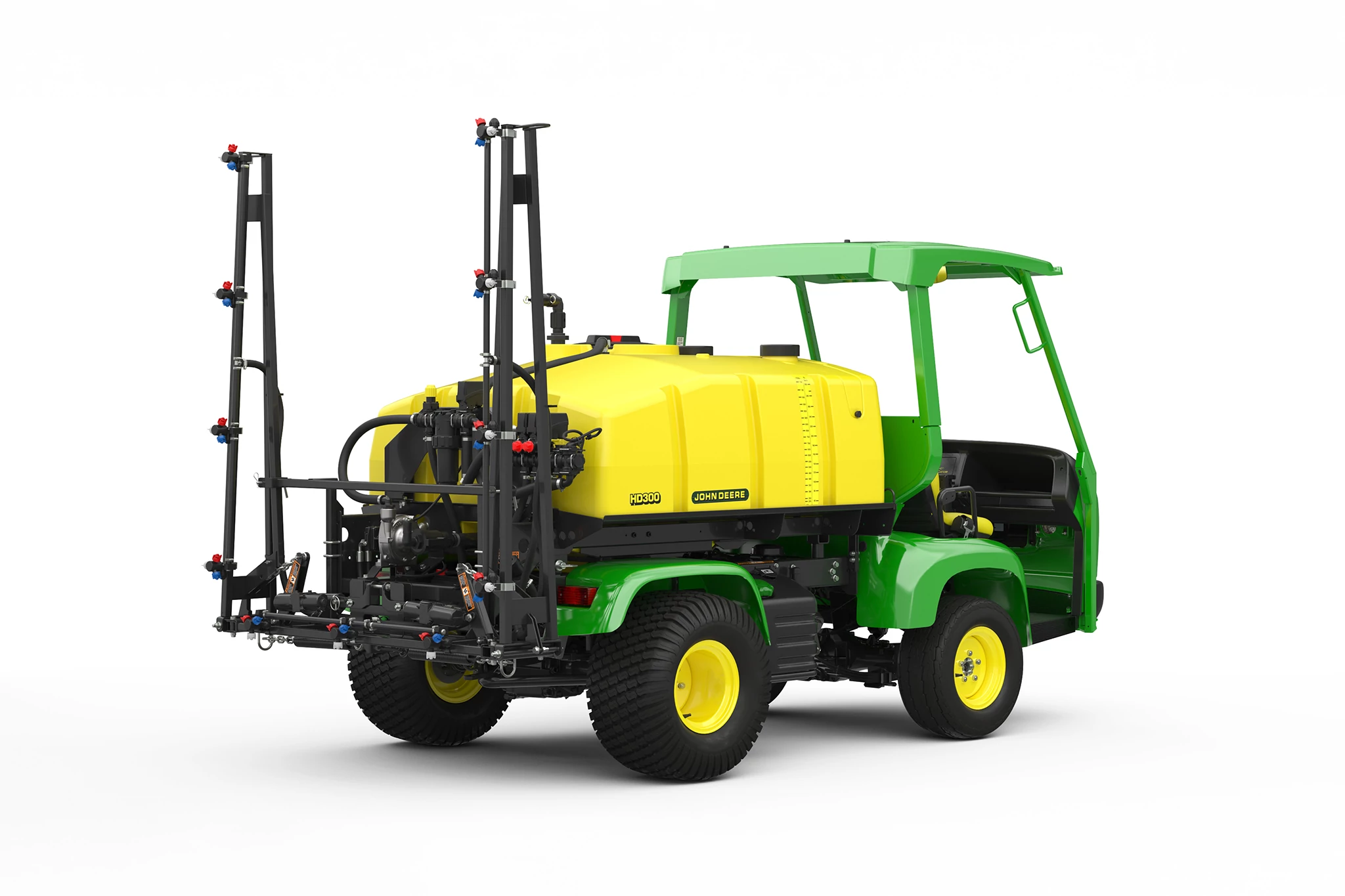 Rear three‑quarter view of a compact utility vehicle with an open cab, yellow seat, rear‑mounted spray tank, and folded vertical spray booms, displayed on a white background.
