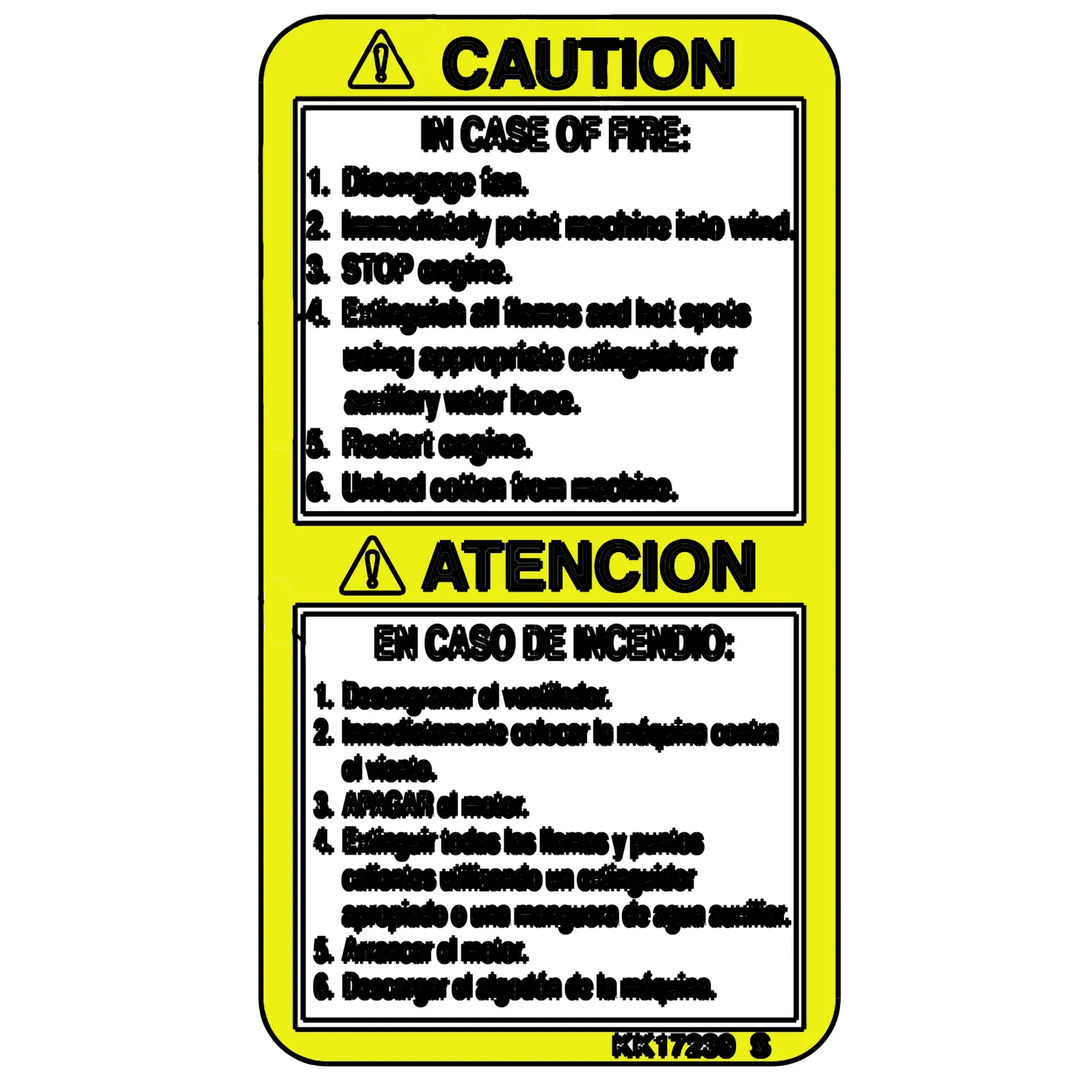 John Deere Fire Caution Decal, Bilingual - KK17239
