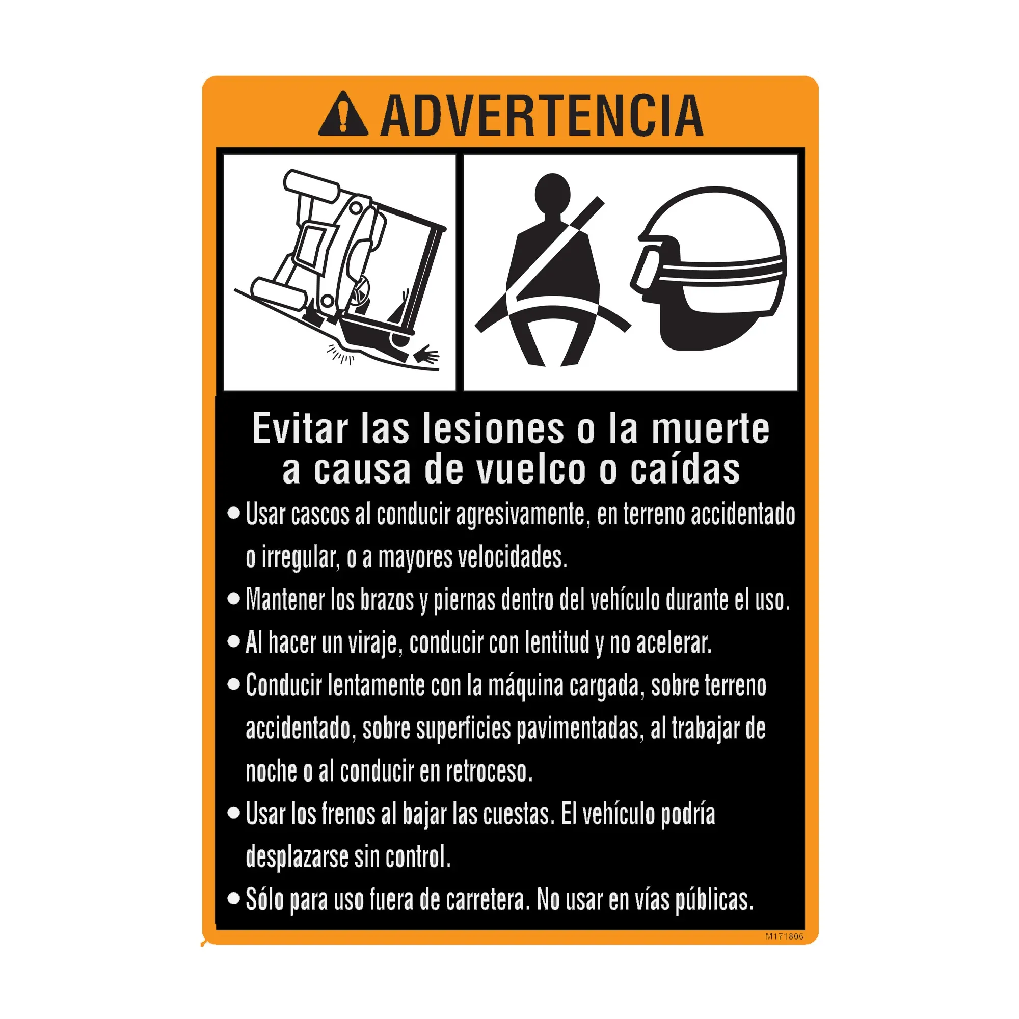 John Deere Warning Front Fender Label, Left Side, Spanish - M171806