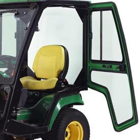 Angled close-up of the left side of the X700 lawn tractor signature series ROPS Hard Cab with door open